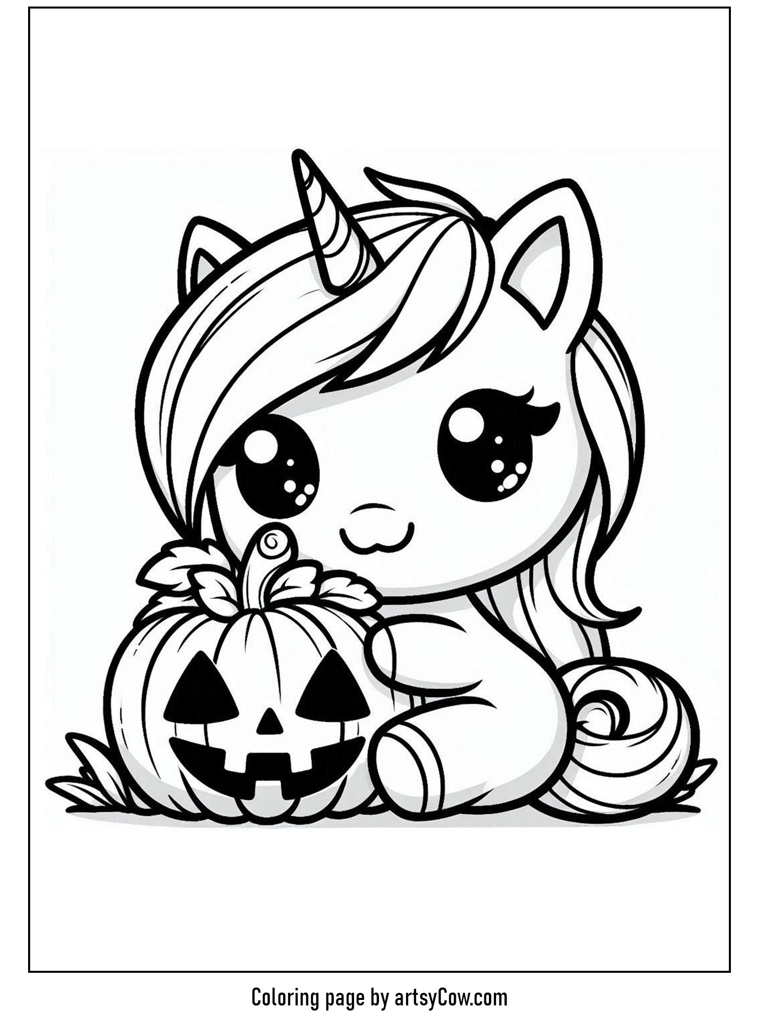halloween coloring pages with unicorn 2, featuring a cute unicorn sitting beside a carved jack-o-lantern.